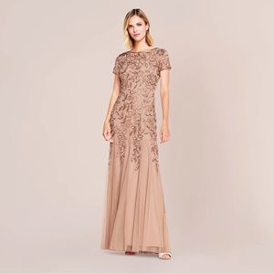 [NWT] Adriana Papell Rose Gold Beaded Godet Gown